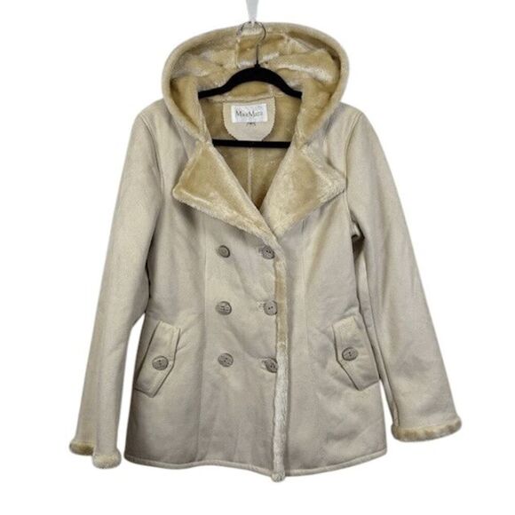 MaxMara Faux Shearling Lined Coat Double Breasted Hooded Plush Size Small - Picture 1 of 10